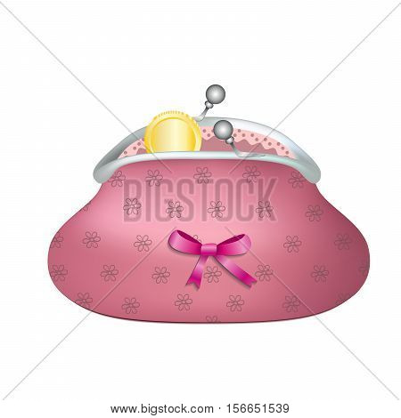 Cute retro purse with pink bow and flower pattern. Isolated object. Golden coin inside opened vintage purse. White background. Vector EPS10 realistic illustration.