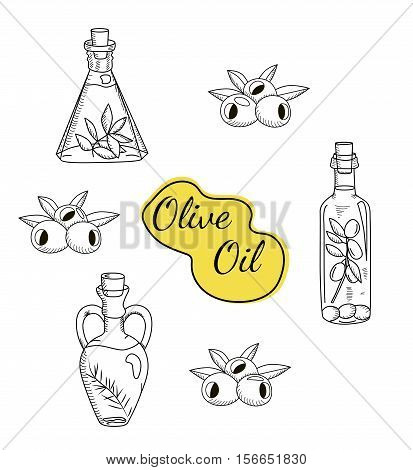 Olive oil doodle icons. Sketchy illustration for restaurant menu. Isolated set. Hand drawn vector EPS10.