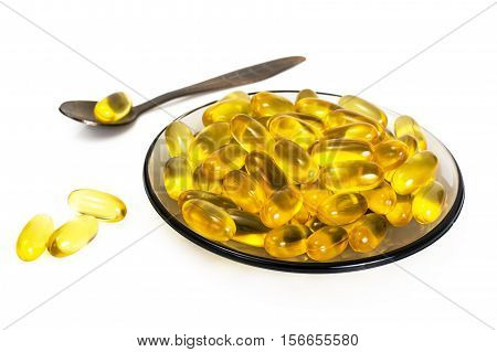 Omega3 Extra capsules from Fish Oil on white background. Studio Photo