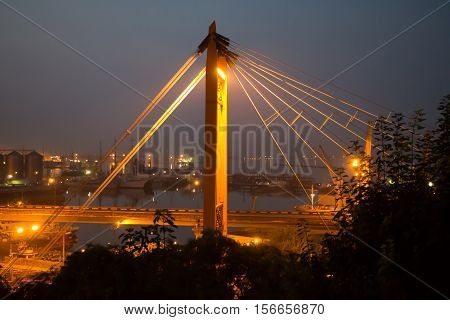 Great Bridge and night lights in Ukraine