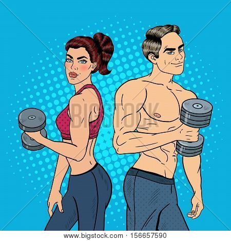Pop Art Athletic Man and Woman Exercising with Dumbbells. Vector illustration