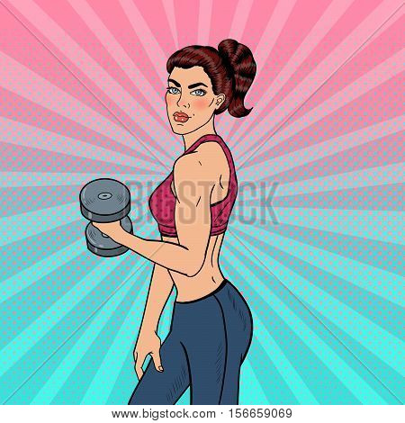 Pop Art Athletic Strong Woman Exercising with Dumbbells. Vector illustration