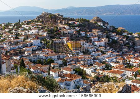 View of hill and houses on Hydra island, Greece.