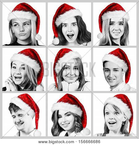 Collage of young people in christmas hat over white background