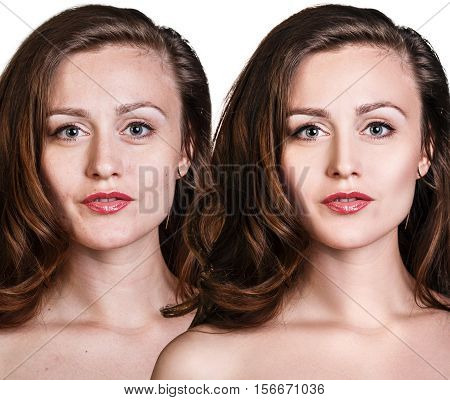 Comparison portrait of young woman before and after retouch