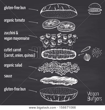 Chalk drawn vegan carrot burger with quinoa, zucchini and vegan mayonnaise with ingredients. Infographics.