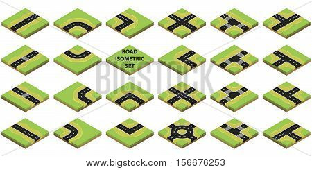 Constructor roads on Green Terrain in isometric view. Isometric road elements. Create your own isometric city road. Vector illustration.