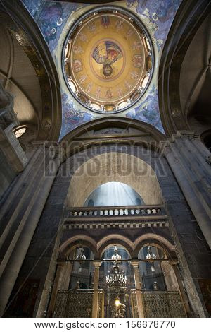 JERUSALEM, ISRAEL - FEBRUARY 16, 2015: Tourists waiting in long rows to enter Aedicule in Church of the Holy Sepulchre
