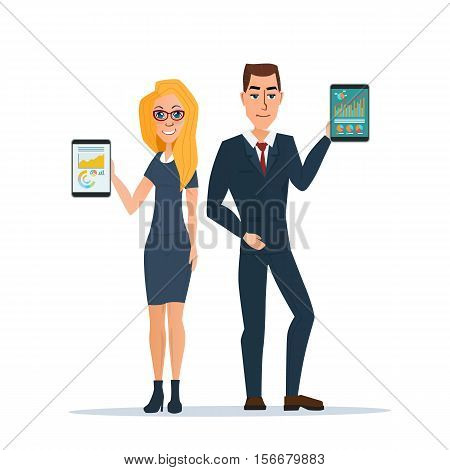Businessman and business woman holding a tablet with growing graph. Business concept. Vector illustration isolated on white background in flat style.