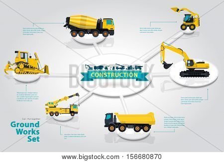Graphical isometric layout themed construction machinery. Collection of heavy machinery for construction of houses, roads and industrial buildings. Earthworks Sales Offer infographics yellow vectors.
