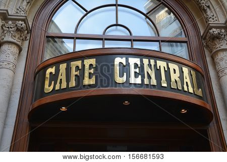 VIENNA AUSTRIA - MAY 3 2016: Entrance of the Cafe Central the old traditional cafeteria that was a meeting place of famous Viennese people