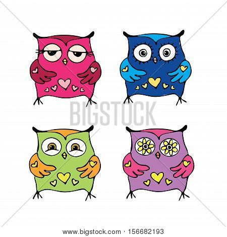 Set of cute owls, isolated on white background, hand drawn , stock vector illustration