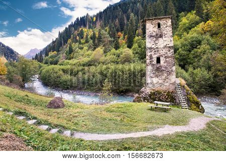 Tower of Ushguli village museum in Svaneti.  Upper Svaneti - UNESCO World Heritage Site. Georgia, Europe.