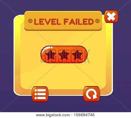 Game UI. Interface game design. Level failed screen. Vector illustration for your design