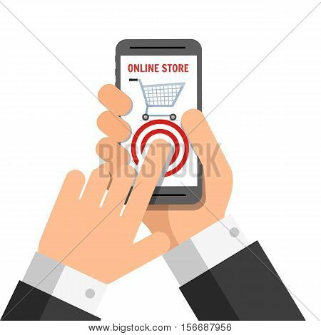 Hand holing smart phone with buy button on the screen. Using mobile smart phone for online purchasing. Business concept. Vector illustration isolated on white background in flat style.