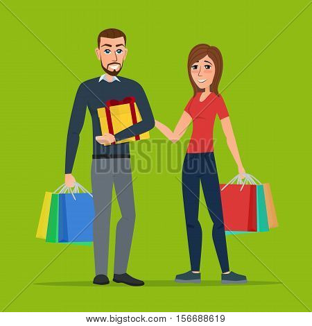 Man and woman with gifts and shopping. Cartoon concept. Vector creative color illustrations flat design in flat modern style.