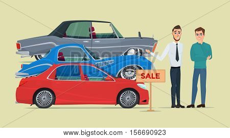 Buyer chooses a new car of the three proposed manager. Business cartoon concept. Vector creative color illustrations flat design in flat modern style.
