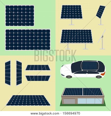 Set of sun batteries on isolated background. Different batteries forms and views with examples.