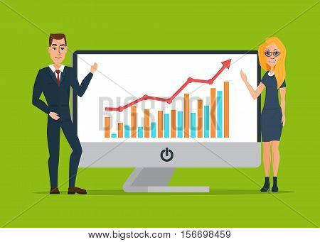 Business women and men present graphs on the in computer laptop display. Business cartoon concept. Vector creative color illustrations flat design in flat modern style.