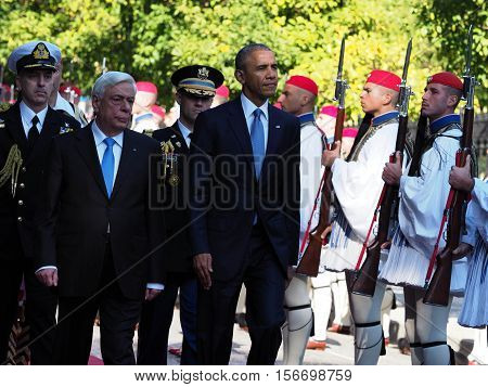 Us President Barack Obama Reviews The Presidential Guard In Athens.