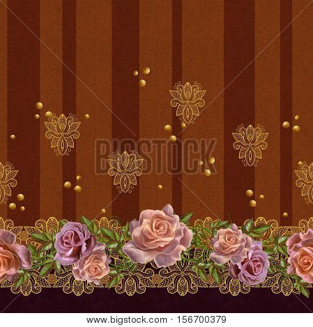 Horizontal floral border. Pattern seamless. Flower Arrangement pastel roses gold braiding lace dark brown velvet background with stripes.