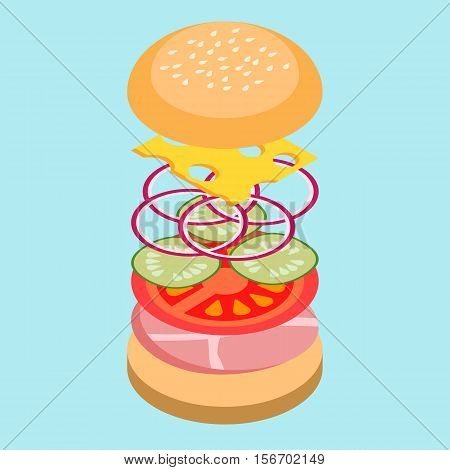 Isometric vector illustration of burger and ingredients.