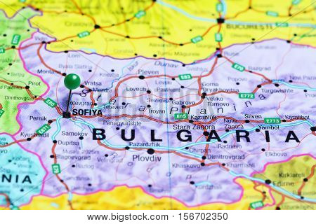 Sofia pinned on a map of Bulgaria