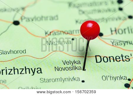 Velyka Novosilka pinned on a map of Ukraine