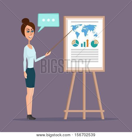 business woman pointing at a chart board. Vector creative color illustrations flat design in flat modern style.