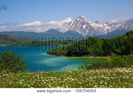 Beautiful view of Campotosto lake in the spring season