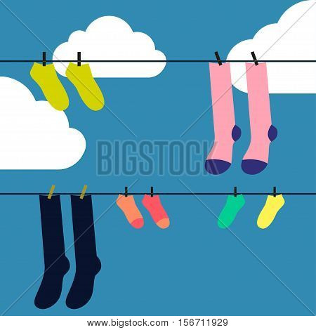 Socks drying Vector illustration Socks drying on the clothesline against blue sky with clouds Flat design
