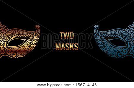 Beautiful banner mask of lace. Mardi Gras vector background. Gold and black masquerade mask. Venetian carnival mask. Vintage unique luxury pattern