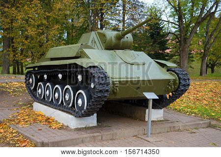 VELIKY NOVGOROD, RUSSIA - OCTOBER 07, 2016: Soviet light tank T-70M, October day. A fragment of the memorial of Victory in the Great Patriotic War