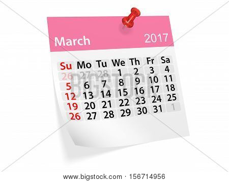 Monthly pinned note calendar for March 2017. 3d illustration