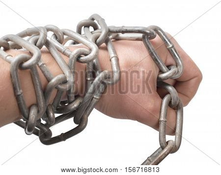 Metal chain and lock whit hand on white background     