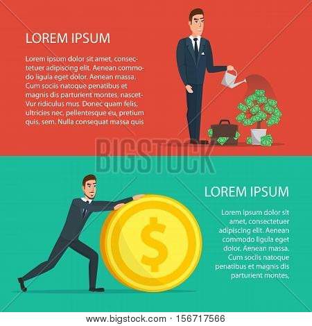 Businessman is watering a tree of money. Increase revenue, investment. Cartoon poster vector illustration. Banners for your web design in business style. Template for your text. Business set.