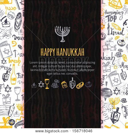 Happy Hanukkah greeting card with hand drawn elements and lettering. Menorah, Dreidel, candle, hebrew star for your design