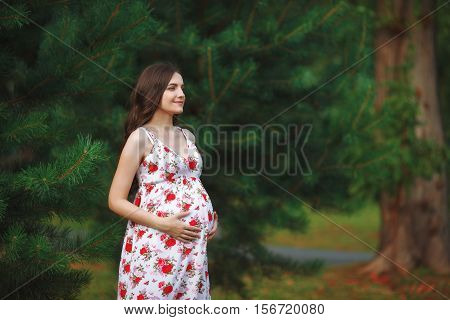 Young pregnant woman touching her belly with hands, vintage toned