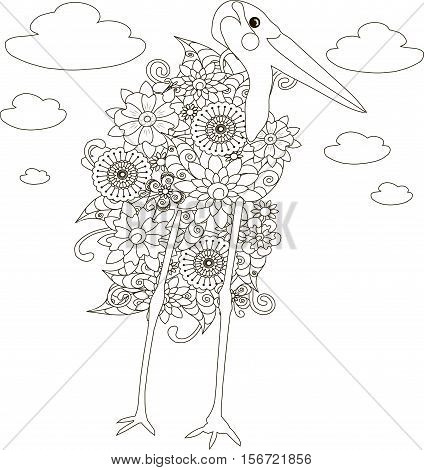 Flowers marabou stork, coloring page anti-stress vector illustration