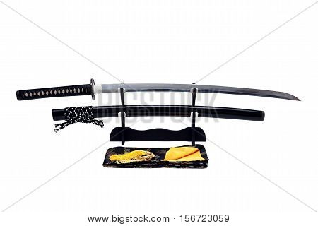 Katana  Japanese sword on black stand white background