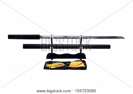 Katana Japanese sword on black stand white background