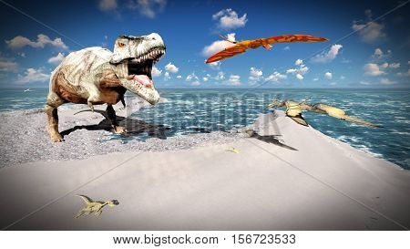 Flying pterodactyl over the land 3d illustration