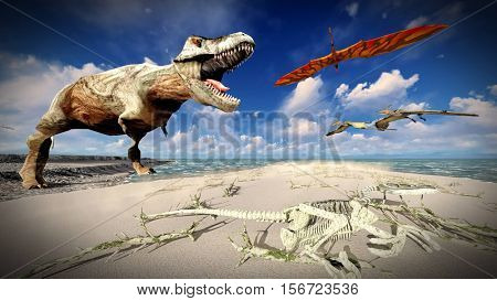 Flying pterodactyl over the land 3d illustration