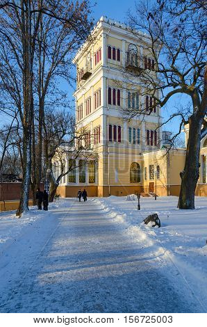 Tower of Palace of Rumyantsev-Paskevich palace and park ensemble winter landscape Gomel Belarus