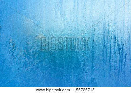 Turquoise Frost Background, Closeup Frozen Winter Window Pane Coated Shiny Icy Frost Patterns, Extreme North Low Temperature, Natural Ice Pattern on a Frosty Glass