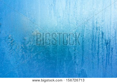 Turquoise Frost Background, Closeup Frozen Winter Window Pane Coated Shiny Icy Frost Patterns, Extreme North Low Temperature, Natural Ice Pattern on a Frosty Glass