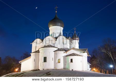 Medieval orthodox church of Basil the Great on February night. Pskov Russia