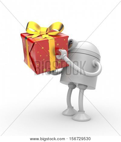 Robot with red gift box. 3d illustration