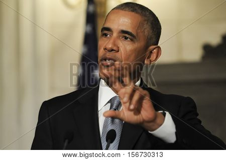 Athens Greece November 15 2016: President Barack Obama speaks during a joint news conference with Greek Prime Minister Alexis Tsipras participate at Maximos Mansion in Athens