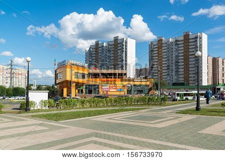 Moscow, Russia - July 09.2016. cityscape with Chayhona number 1 - a network of Uzbek food restaurants in Mitino